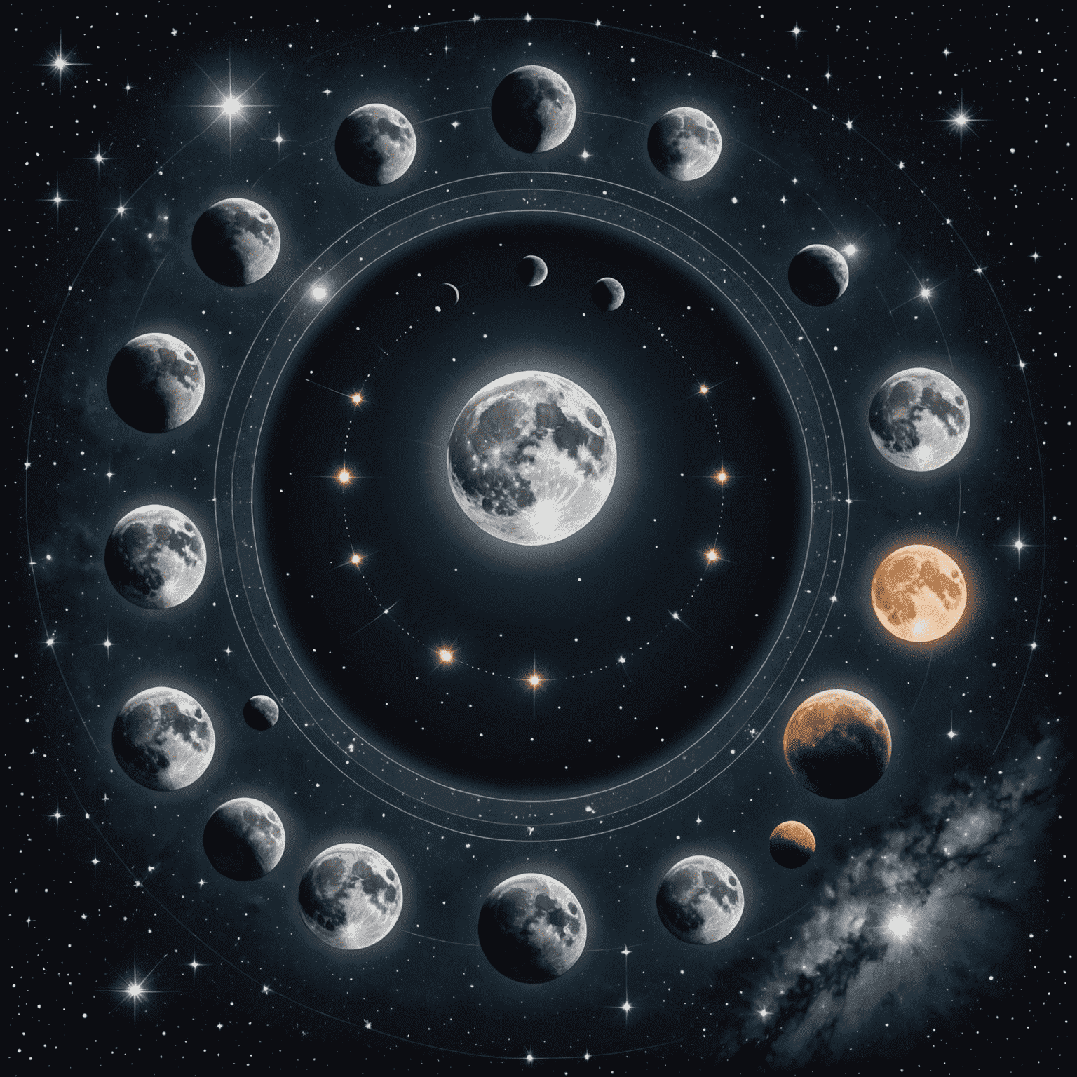 Verschiedene Mondphasen von Neumond bis Vollmond, umgeben von Sternen und Nebeln