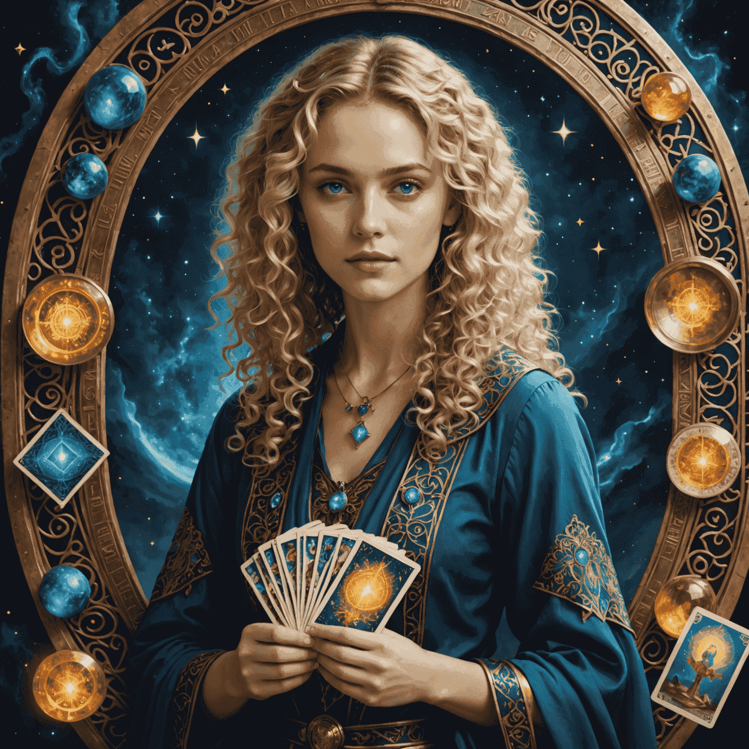 Porträt von Astrologin Sophie Weber, eine junge Frau mit blonden Locken und strahlenden blauen Augen, die Tarotkarten fächerförmig hält