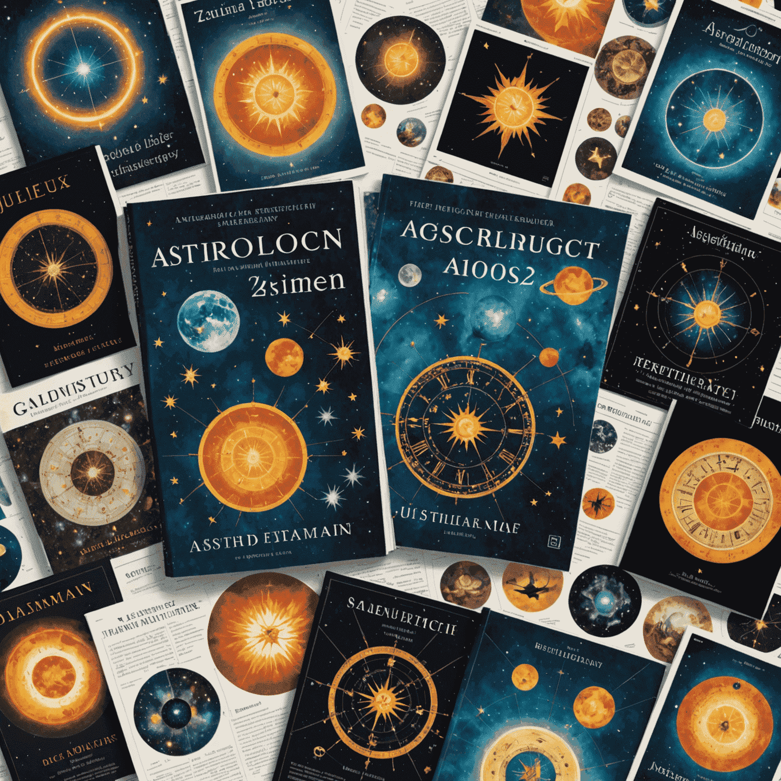 Eine Collage moderner deutscher astrologischer Zeitschriften, Bücher und Online-Plattformen, die die aktuelle Popularität der Astrologie in Deutschland zeigen.